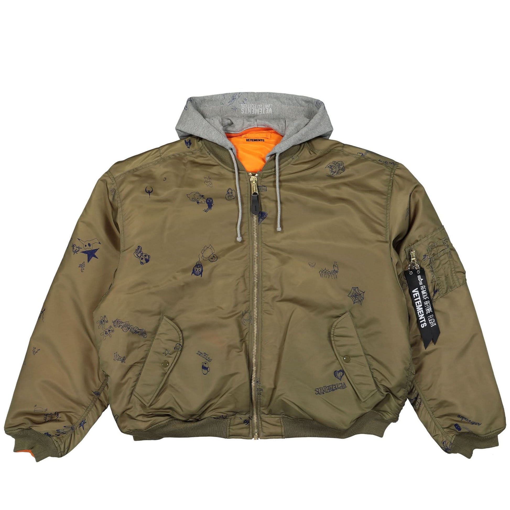 VETEMENTS Scribbled Hooded Bomber Jacket Olive Detail view 1 | Gate