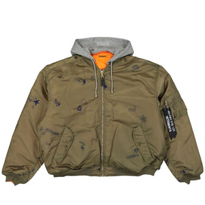 VETEMENTS Scribbled Hooded Bomber Jacket Olive Detail view 1 | Gate