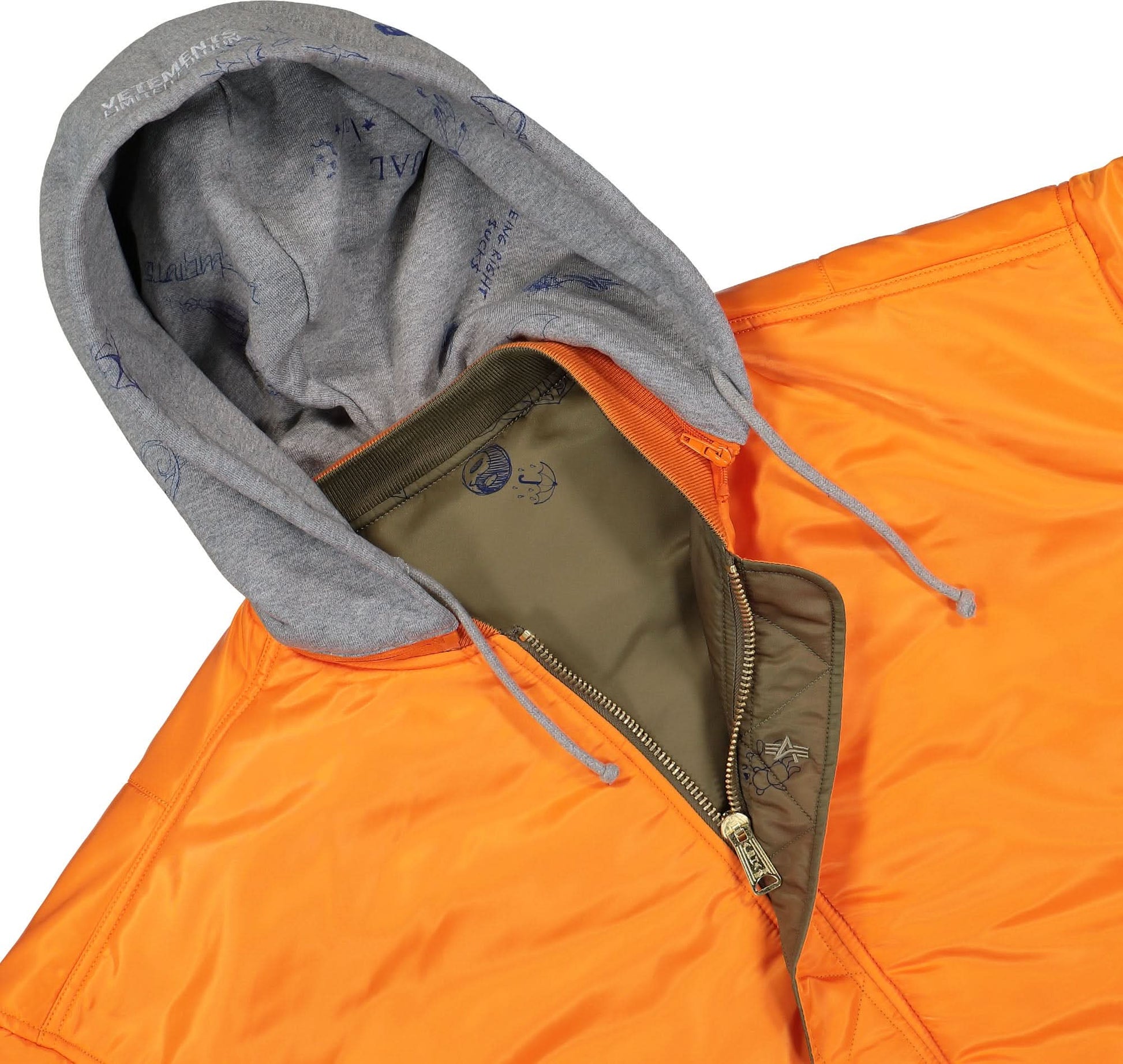VETEMENTS Scribbled Hooded Bomber Jacket Olive Detail view 9 | Gate