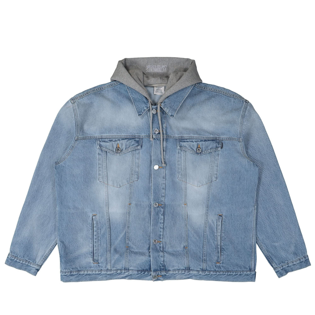 VETEMENTS Hooded Denim Jacket Blue Detail view 1 | Gate