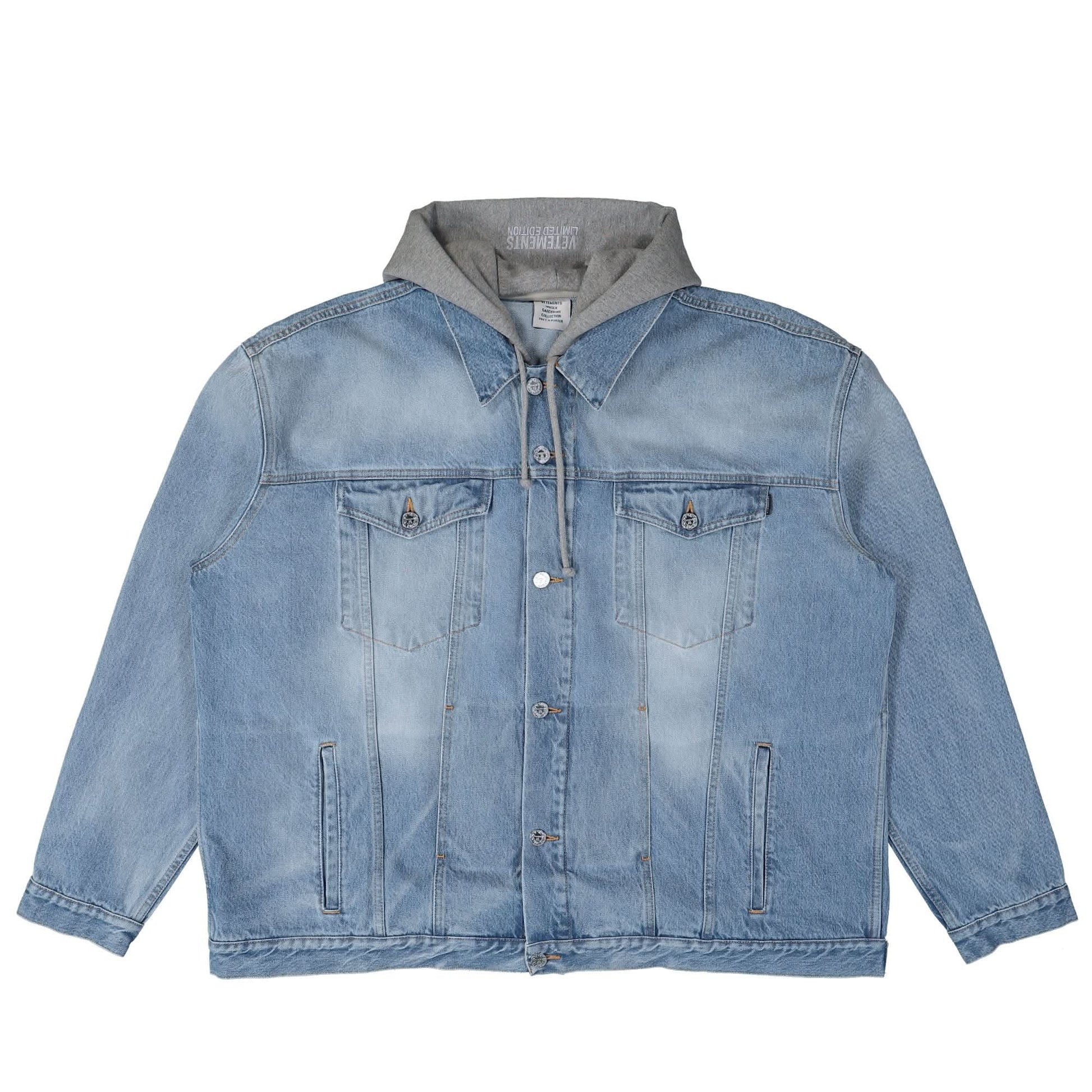 VETEMENTS Hooded Denim Jacket Blue Detail view 1 | Gate