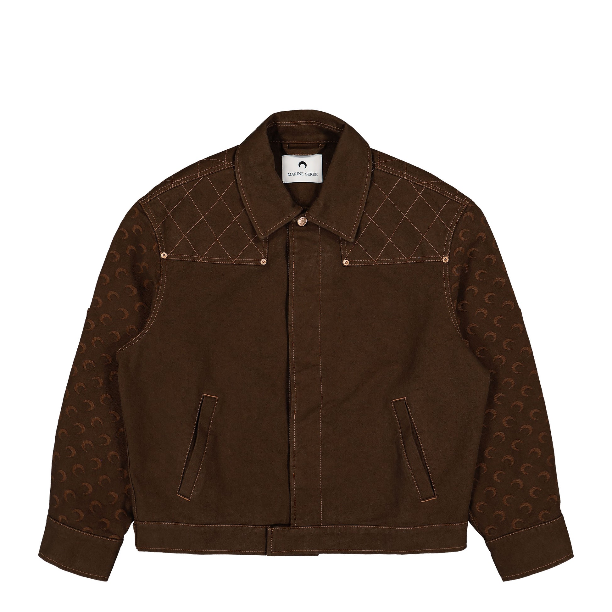 Marine Serre Moon Jacquard Twill Workwear Jacket Brown Detail view 1 | Gate