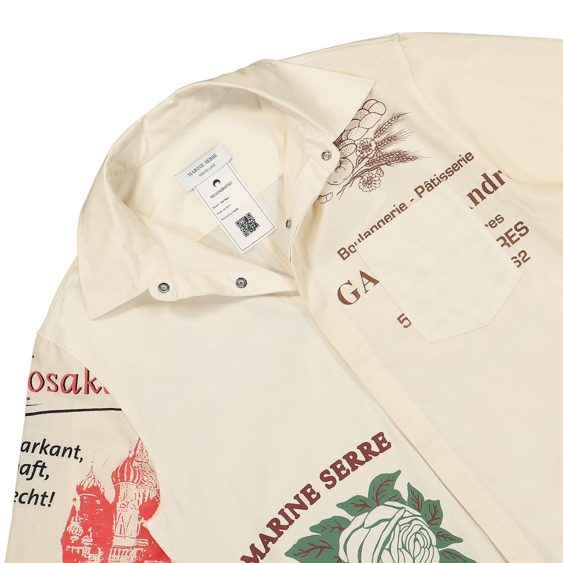 Marine Serre Regenerated Tote Bag Button Down Shirt Beige Detail view 3 | Gate