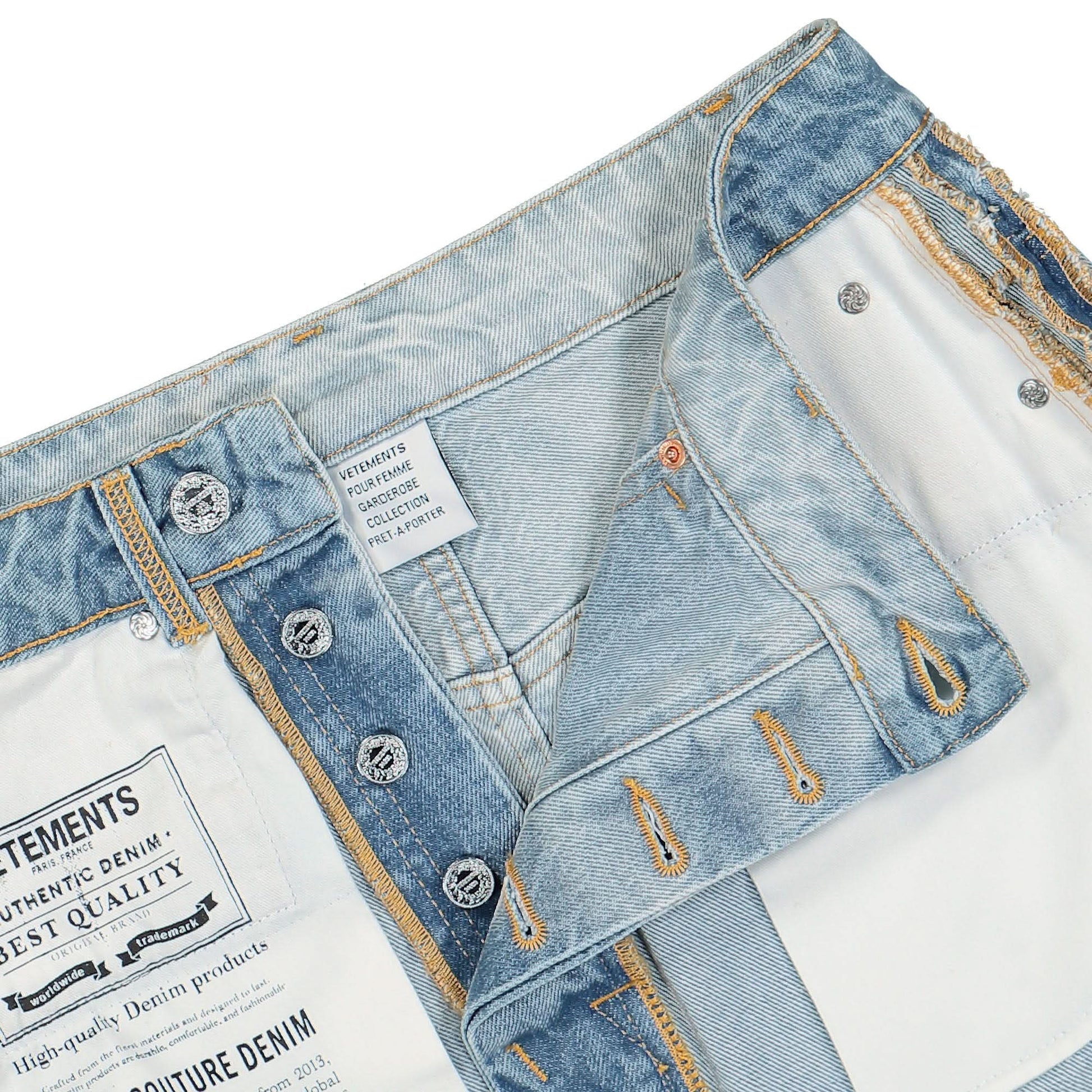 VETEMENTS Inside-Out Denim Mini Skirt Blue Detail view 5 | Gate