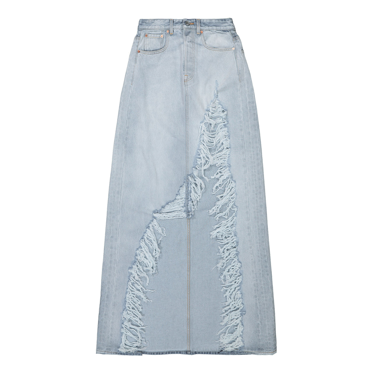 VETEMENTS Destroyed Denim Maxi Skirt Blue Detail view 1 | Gate