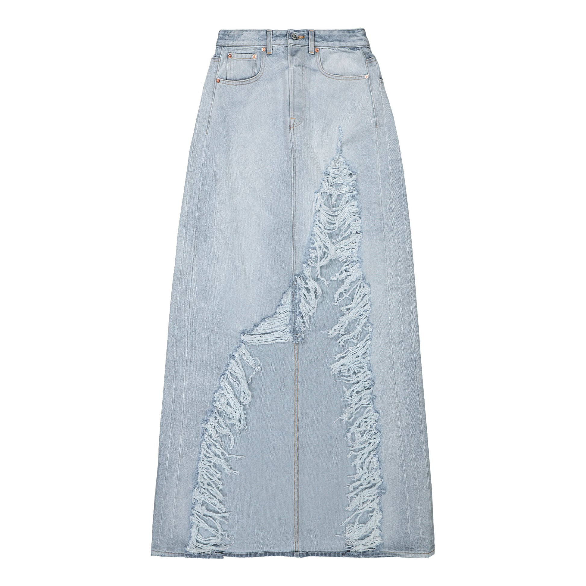 VETEMENTS Destroyed Denim Maxi Skirt Blue Detail view 1 | Gate