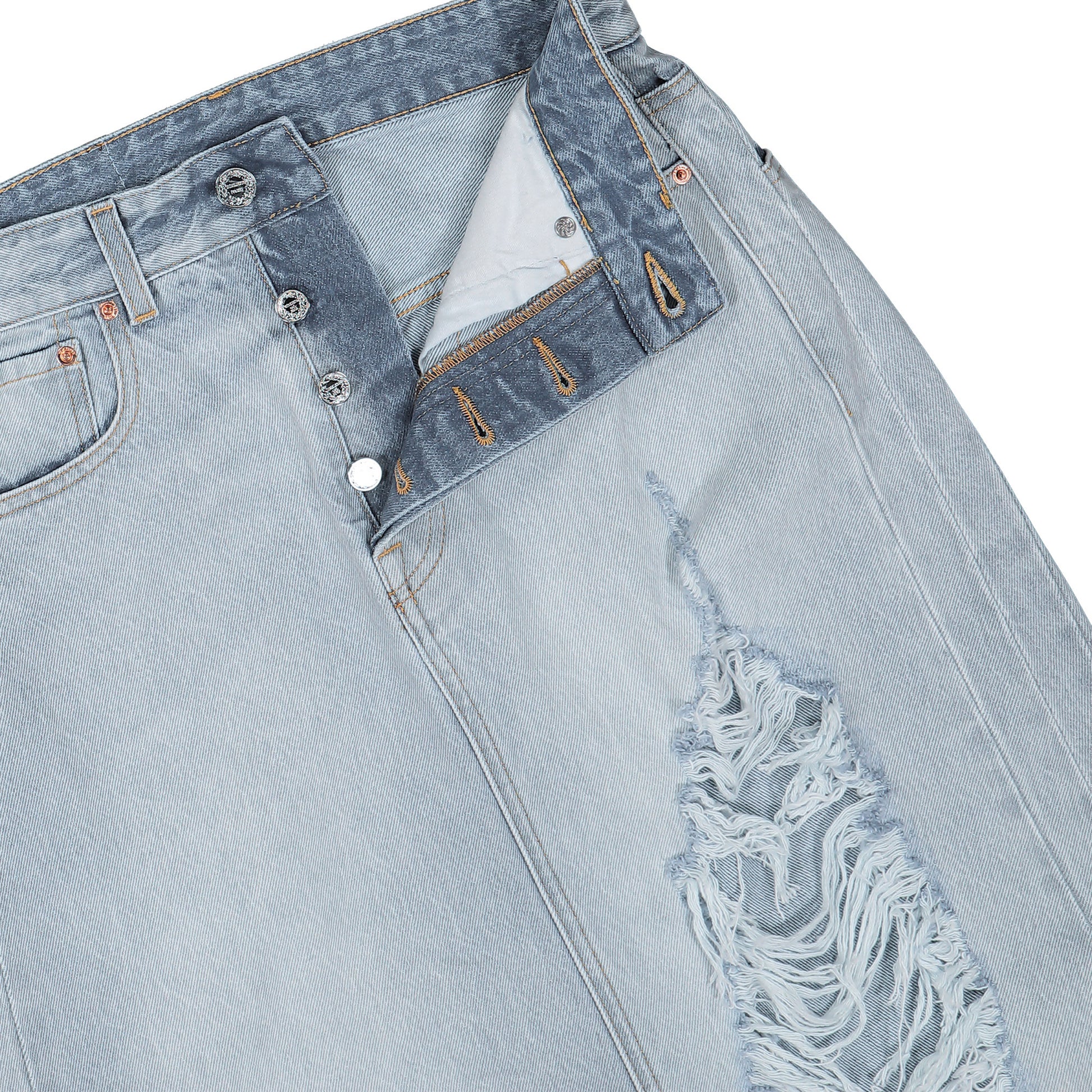 VETEMENTS Destroyed Denim Maxi Skirt Blue Detail view 4 | Gate