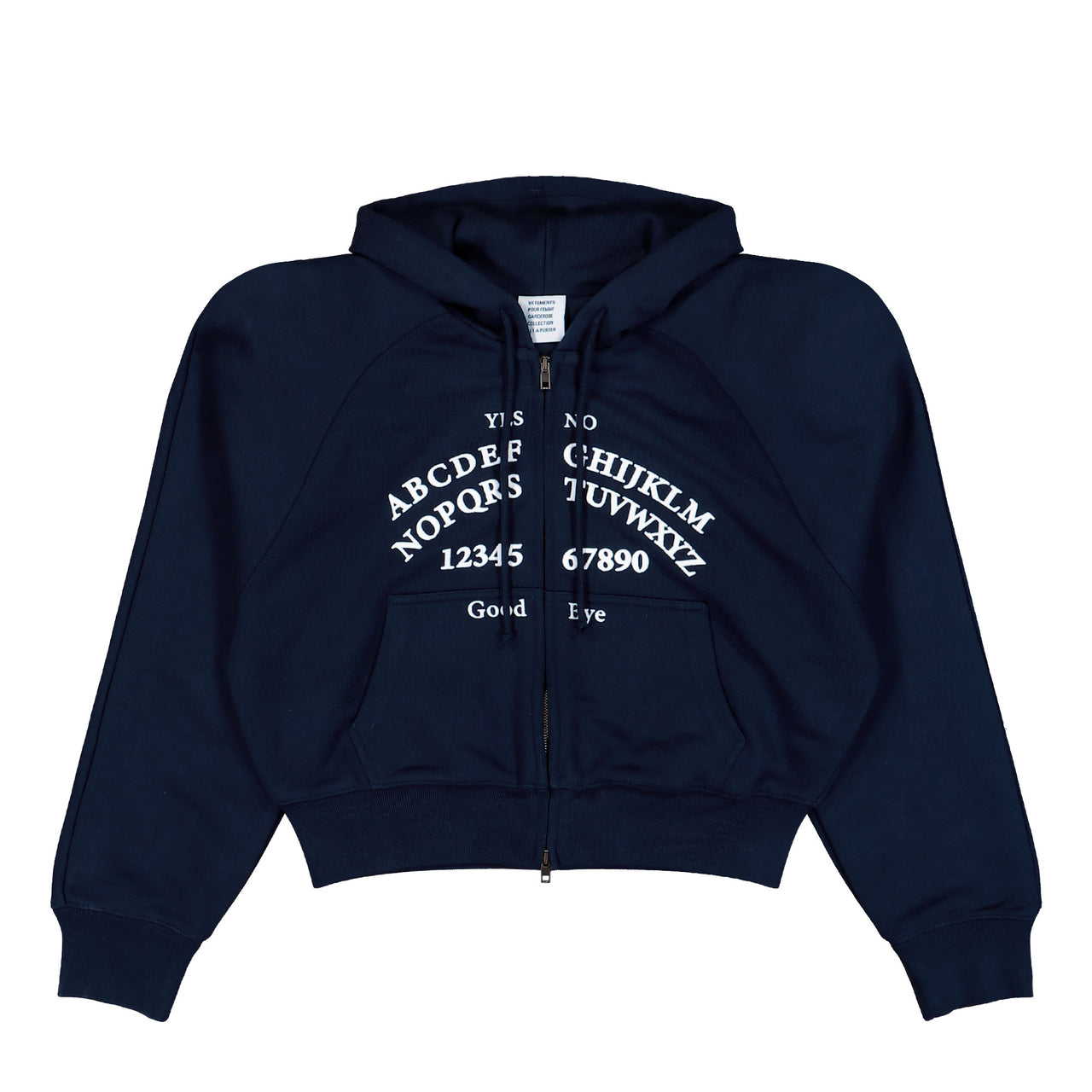 VETEMENTS Alphabet Round Shoulder Zip-Up Hoodie Navy Hoodies WE76ZU496N Detail View 1 | GATE