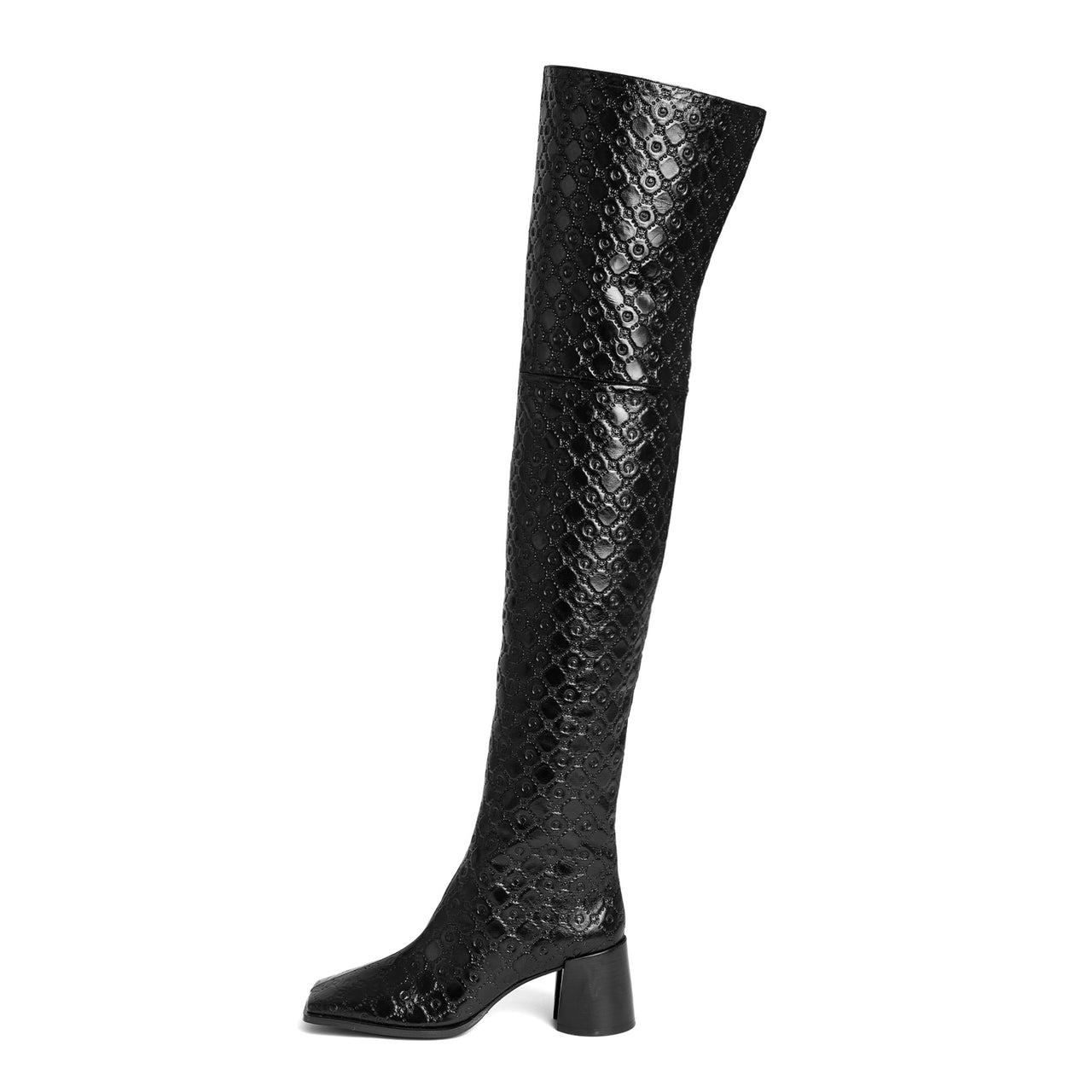Marine Serre Moonogram Embossed Leather MS Block Thigh Black Boots Detail view 1 | Gate