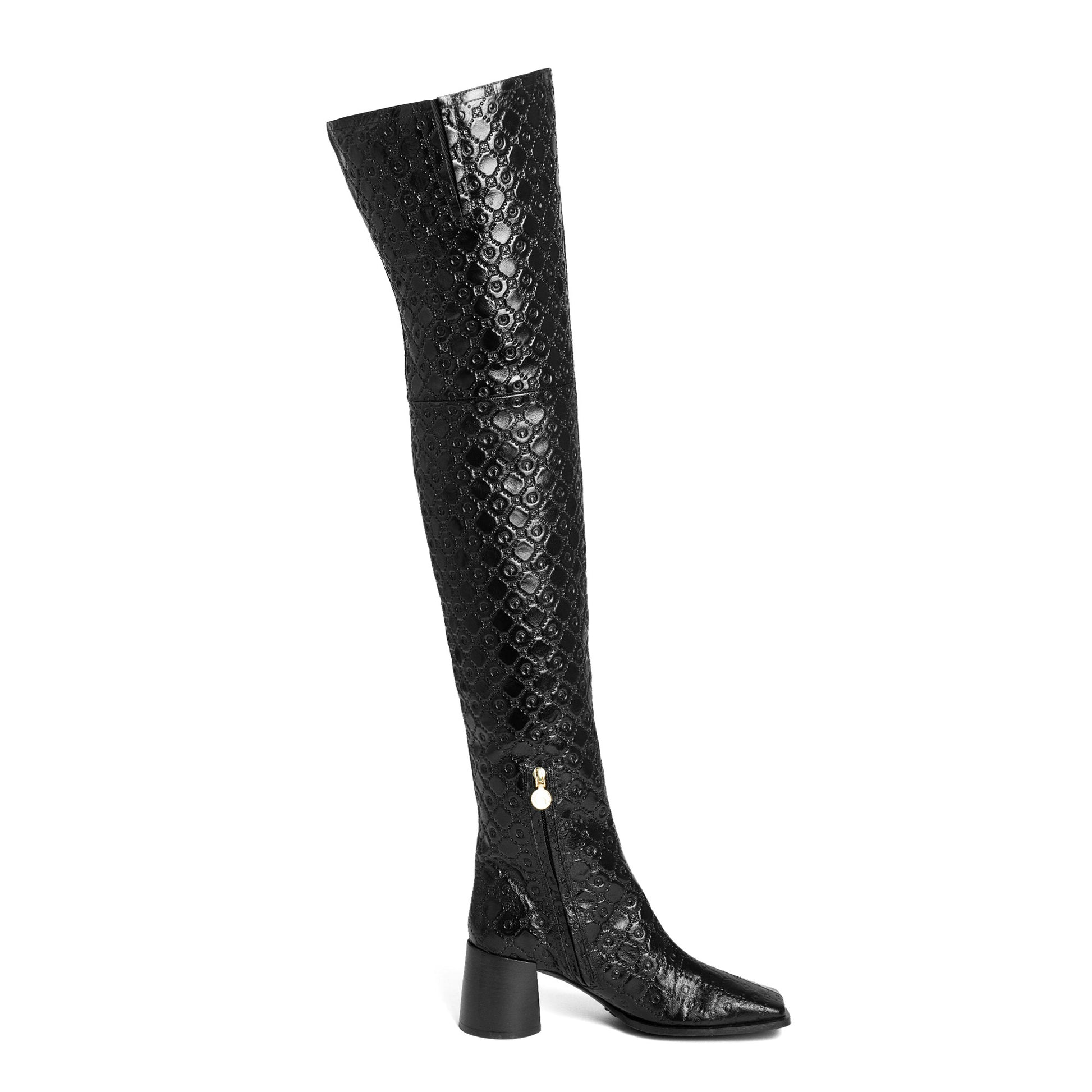 Marine Serre Moonogram Embossed Leather MS Block Thigh Black Boots Detail view 3 | Gate