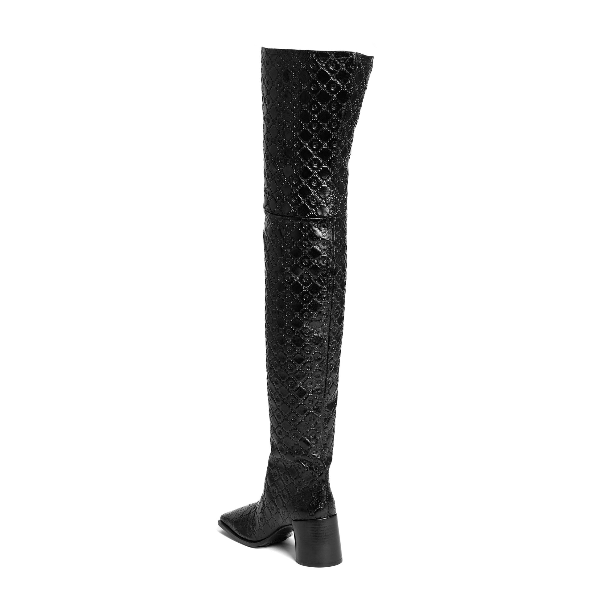 Marine Serre Moonogram Embossed Leather MS Block Thigh Black Boots Detail view 4 | Gate