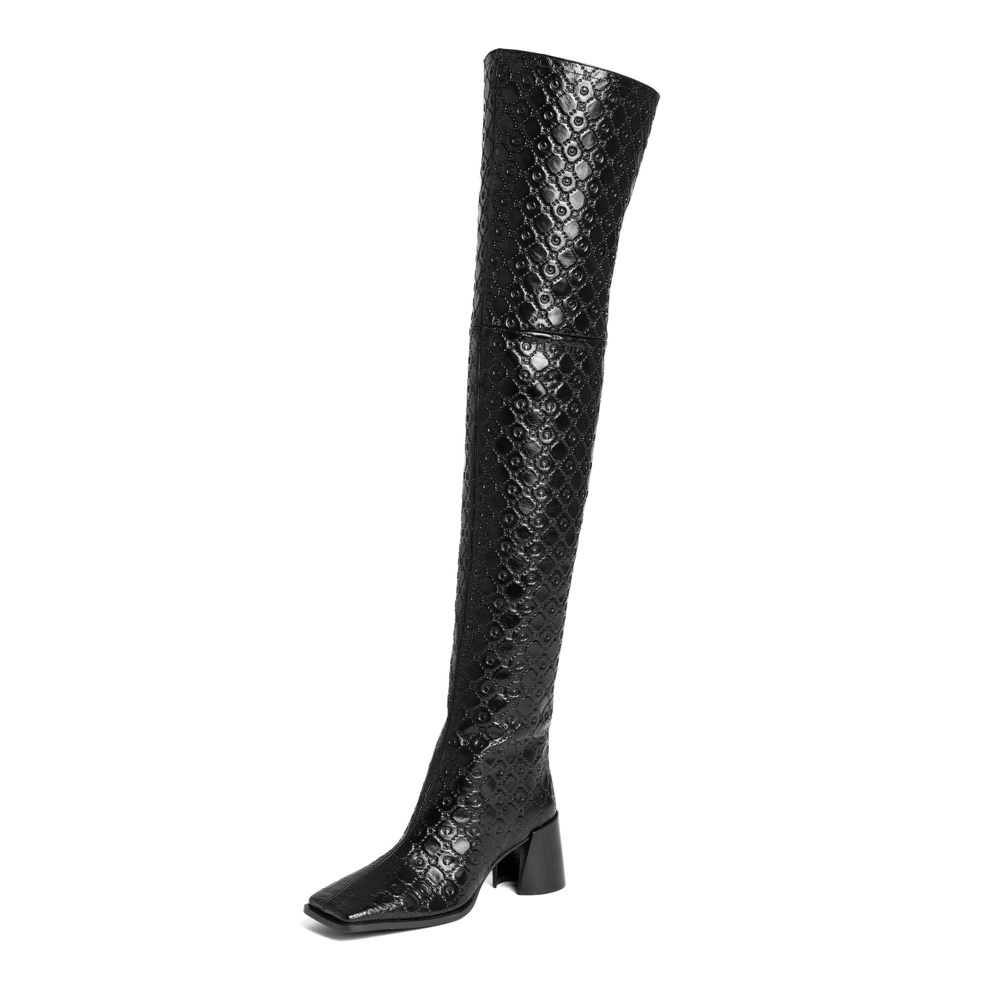 Marine Serre Moonogram Embossed Leather MS Block Thigh Black Boots Detail view 5 | Gate
