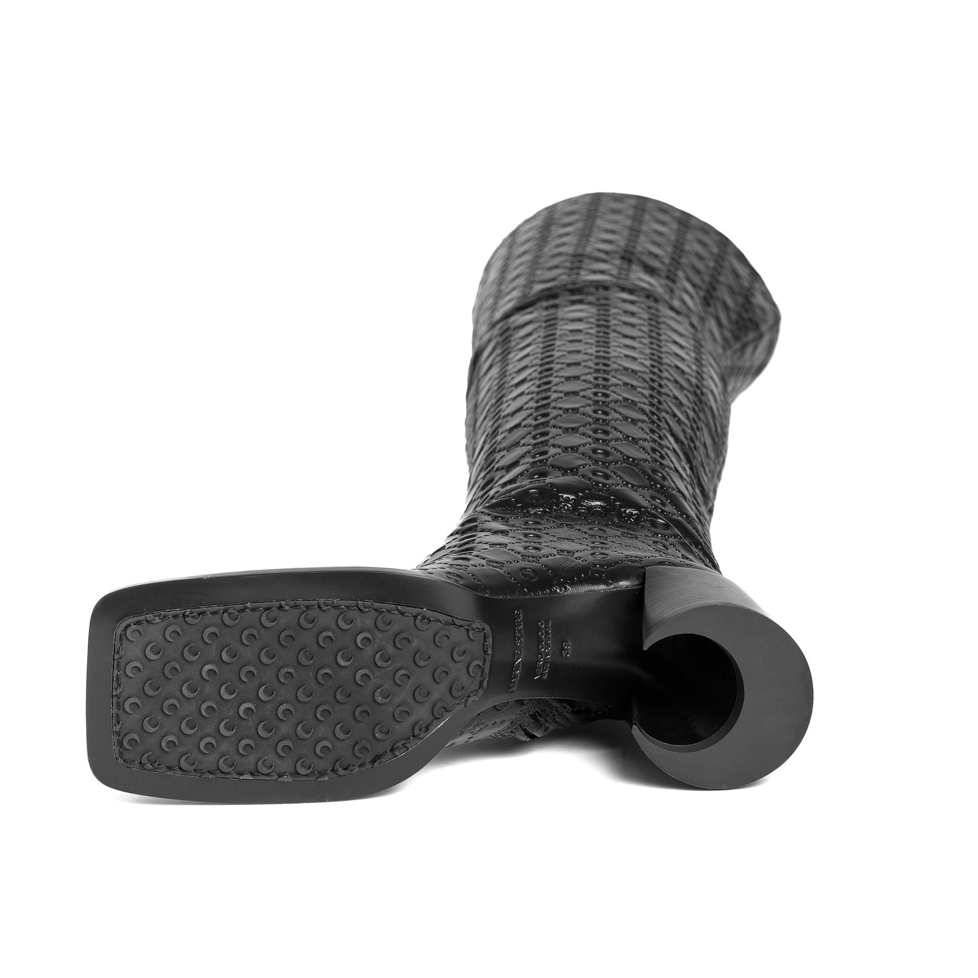 Marine Serre Moonogram Embossed Leather MS Block Thigh Black Boots Detail view 6 | Gate