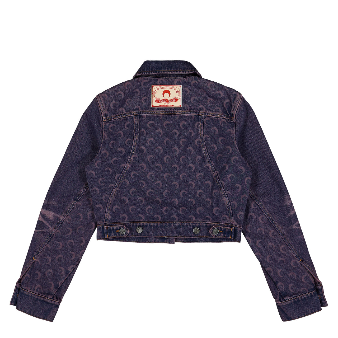 Marine Serre Moon Laser Denim Cropped Jacket Purple Detail view 1 | Gate