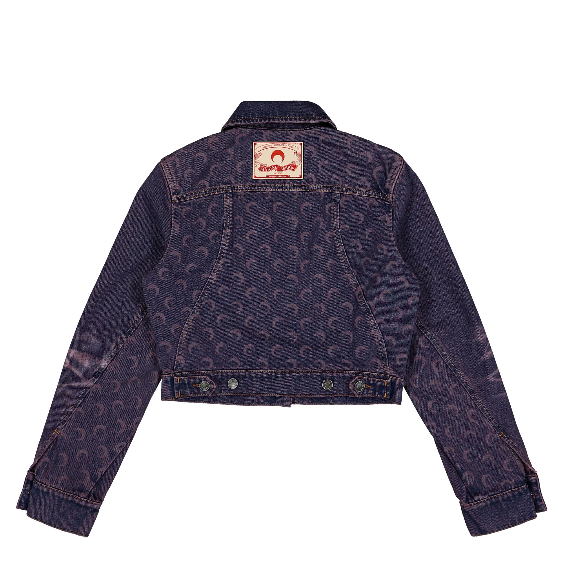 Marine Serre Moon Laser Denim Cropped Jacket Purple Detail view 3 | Gate