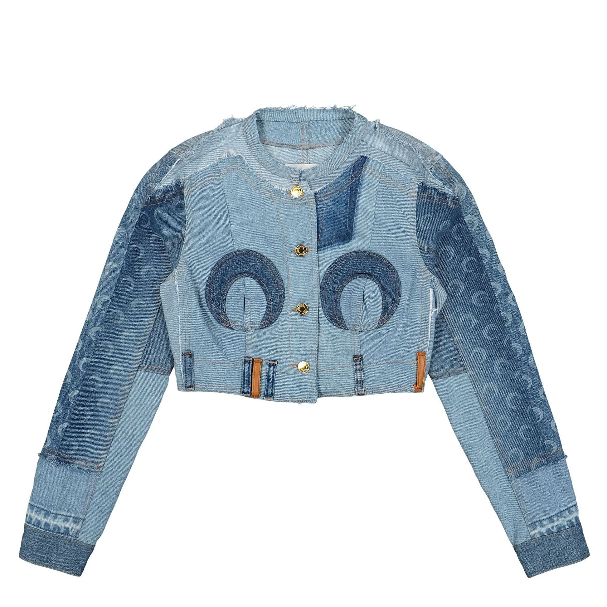 Marine Serre Upcycled Denim Cropped Jacket Blue Detail view 1 | Gate
