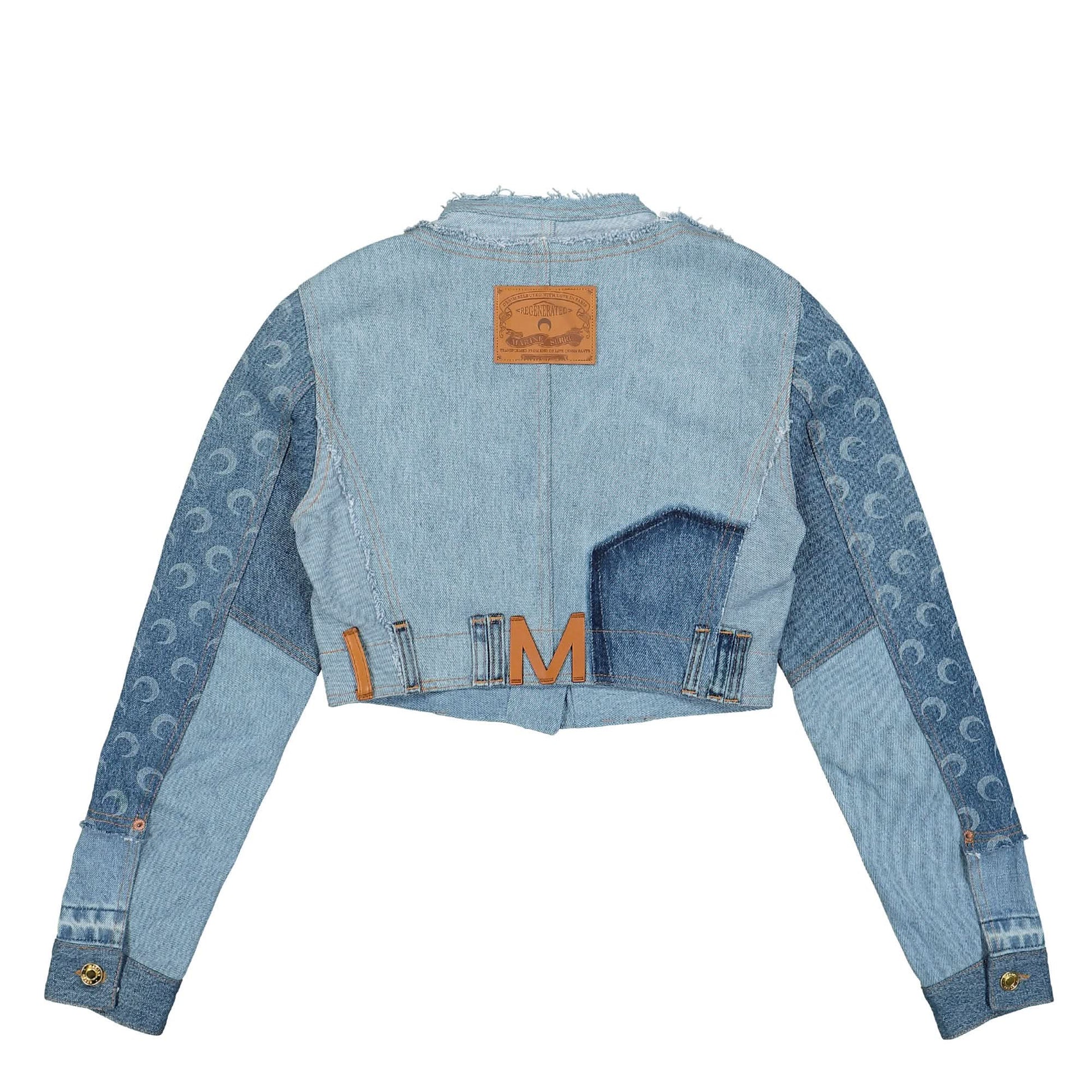 Marine Serre Upcycled Denim Cropped Jacket Blue Detail view 2 | Gate