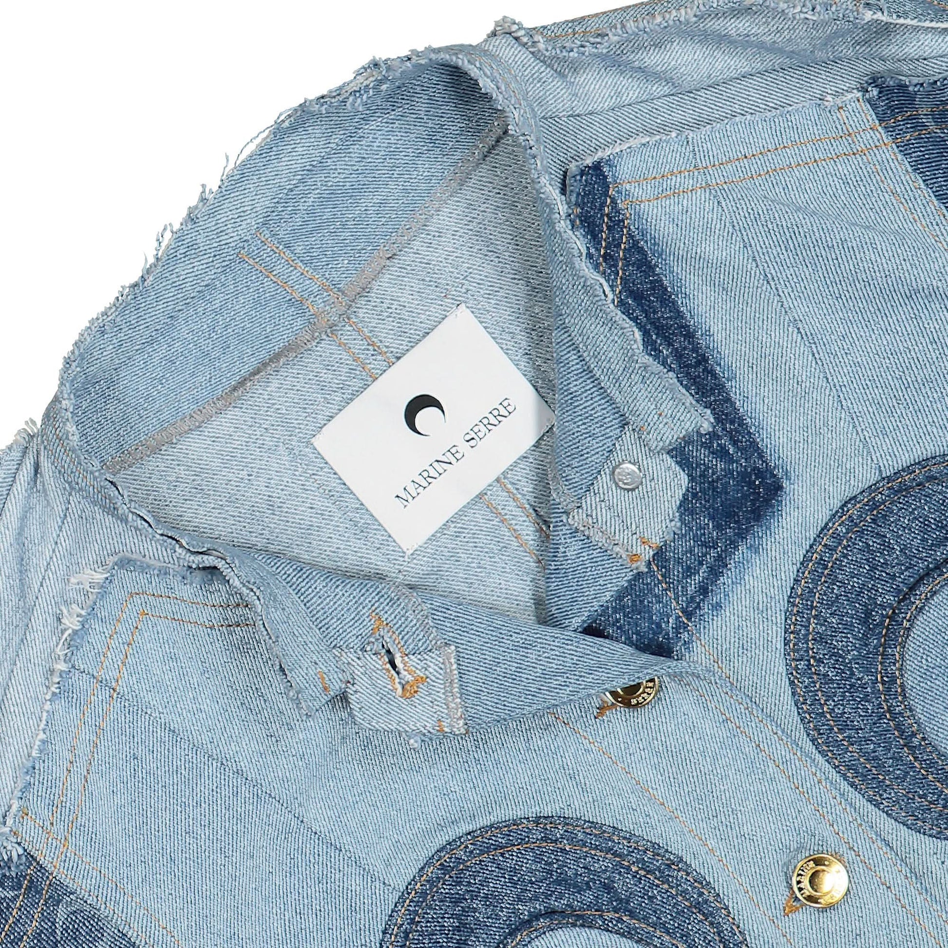 Marine Serre Upcycled Denim Cropped Jacket Blue Detail view 3 | Gate