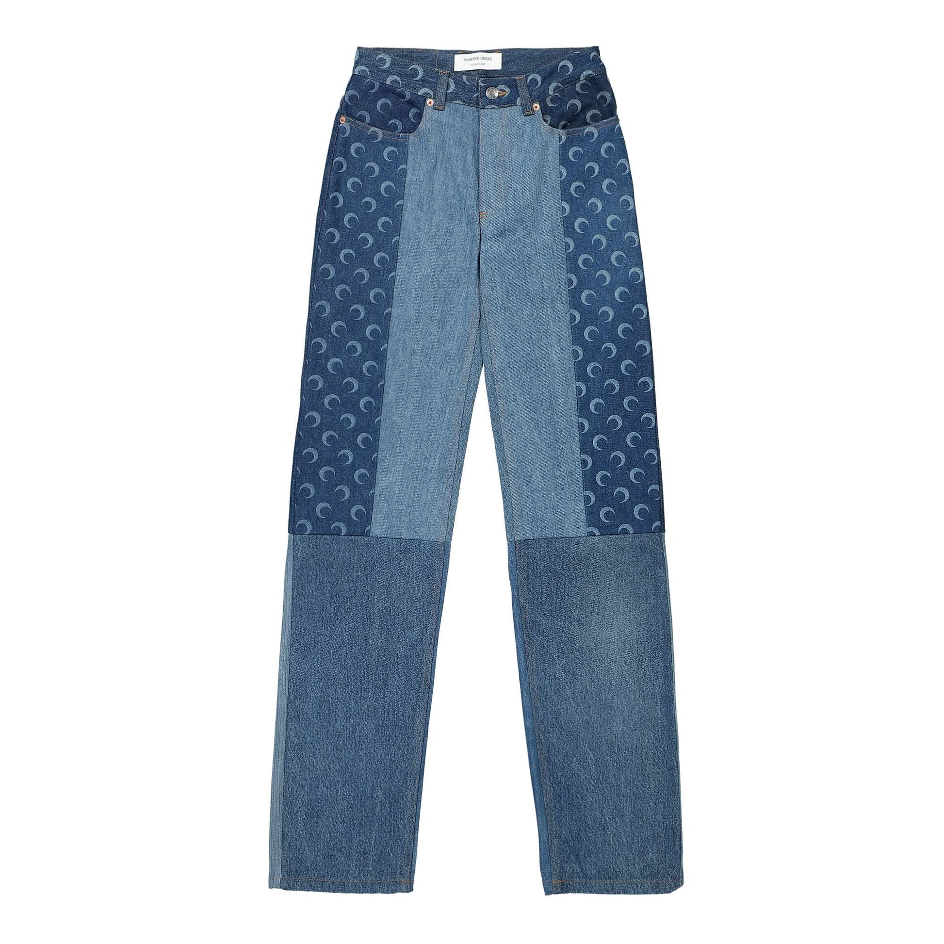 Marine Serre Regenerated Denim Straight Leg Pants Blue Detail view 1 | Gate