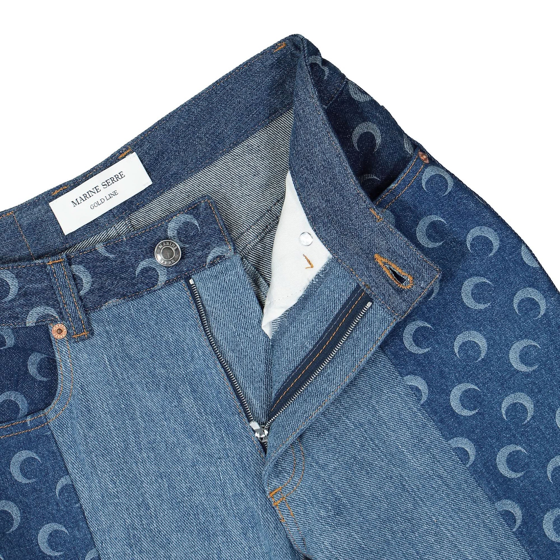 Marine Serre Regenerated Denim Straight Leg Pants Blue Detail view 4 | Gate