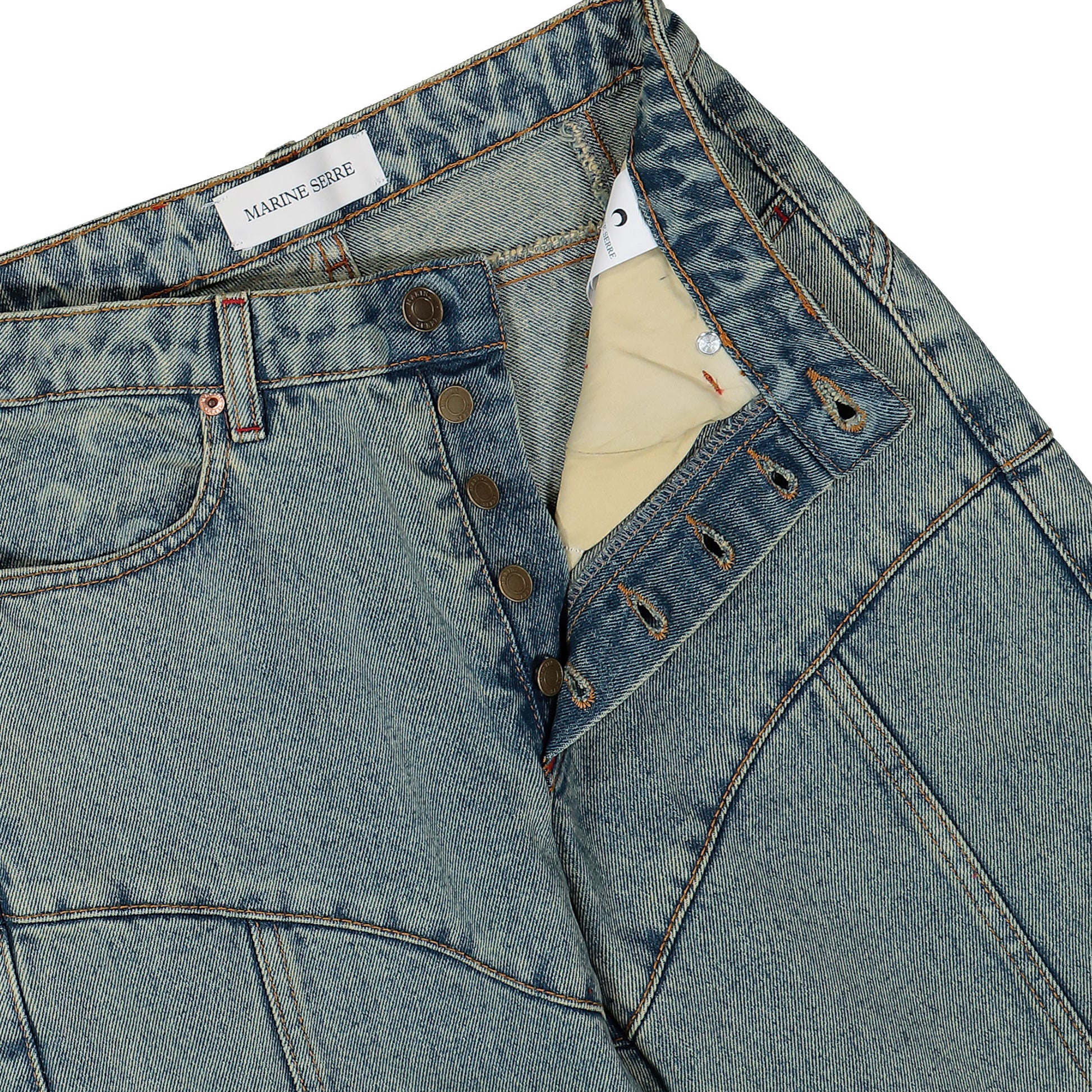 Marine Serre Moon Laser Denim Flare Jeans Blue Detail view 4 | Gate