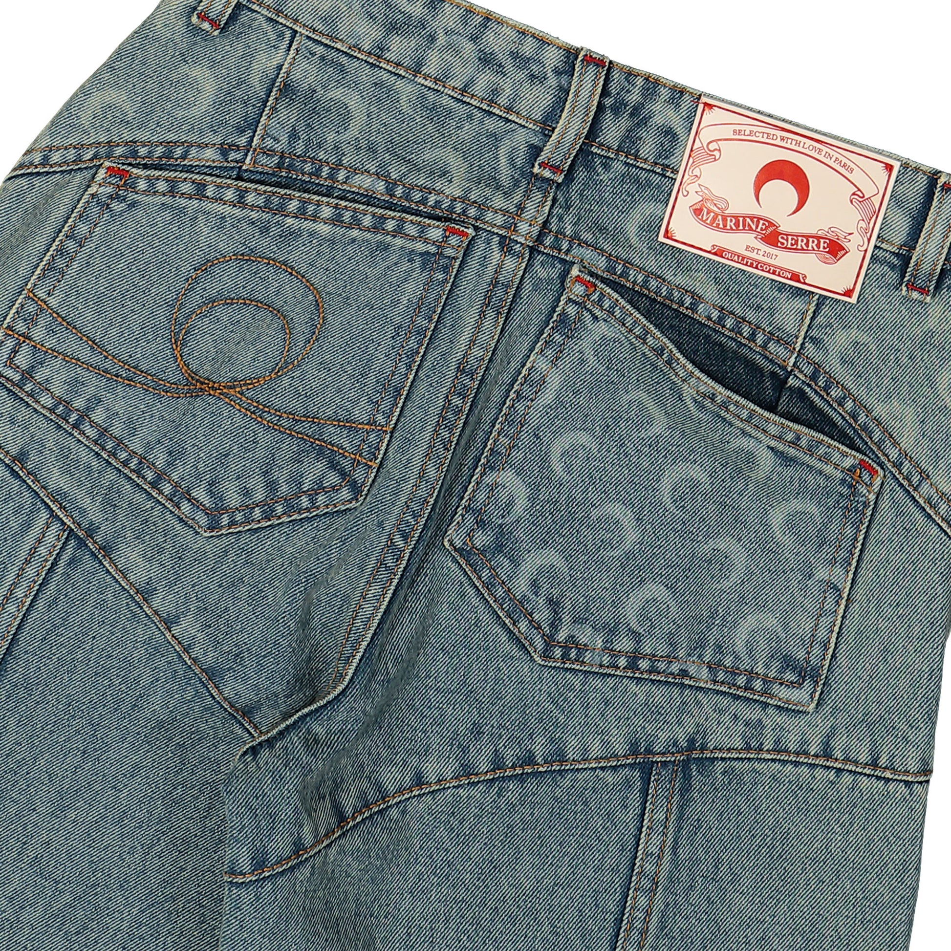 Marine Serre Moon Laser Denim Flare Jeans Blue Detail view 5 | Gate