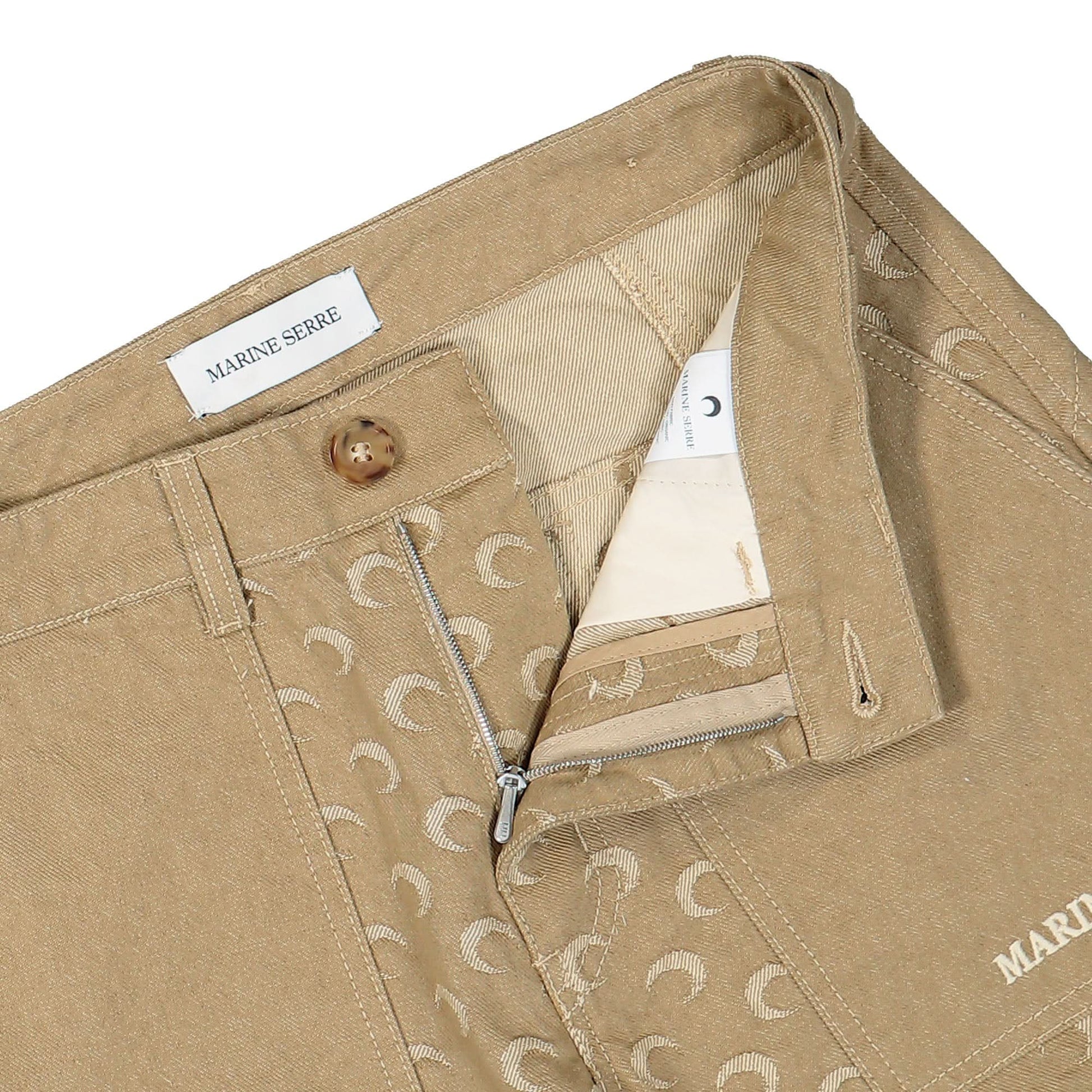 Marine Serre Moon Jacquard Twill Workwear Pants Beige Detail view 4 | Gate