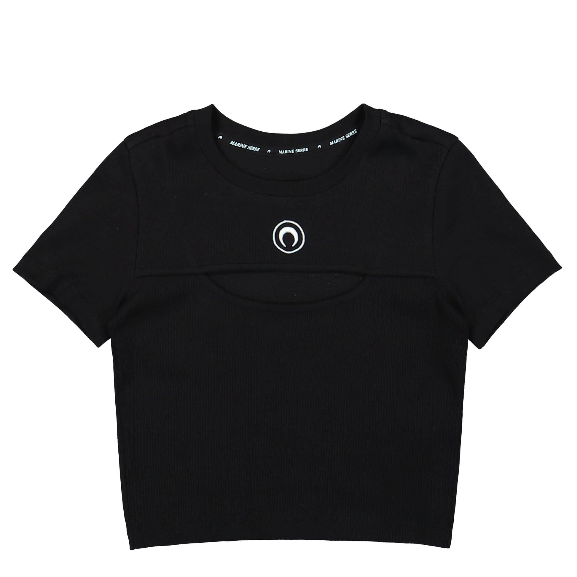 Marine Serre Moon Logo Ribbed Jersey Cut-Out T-Shirt Black Detail view 1 | Gate