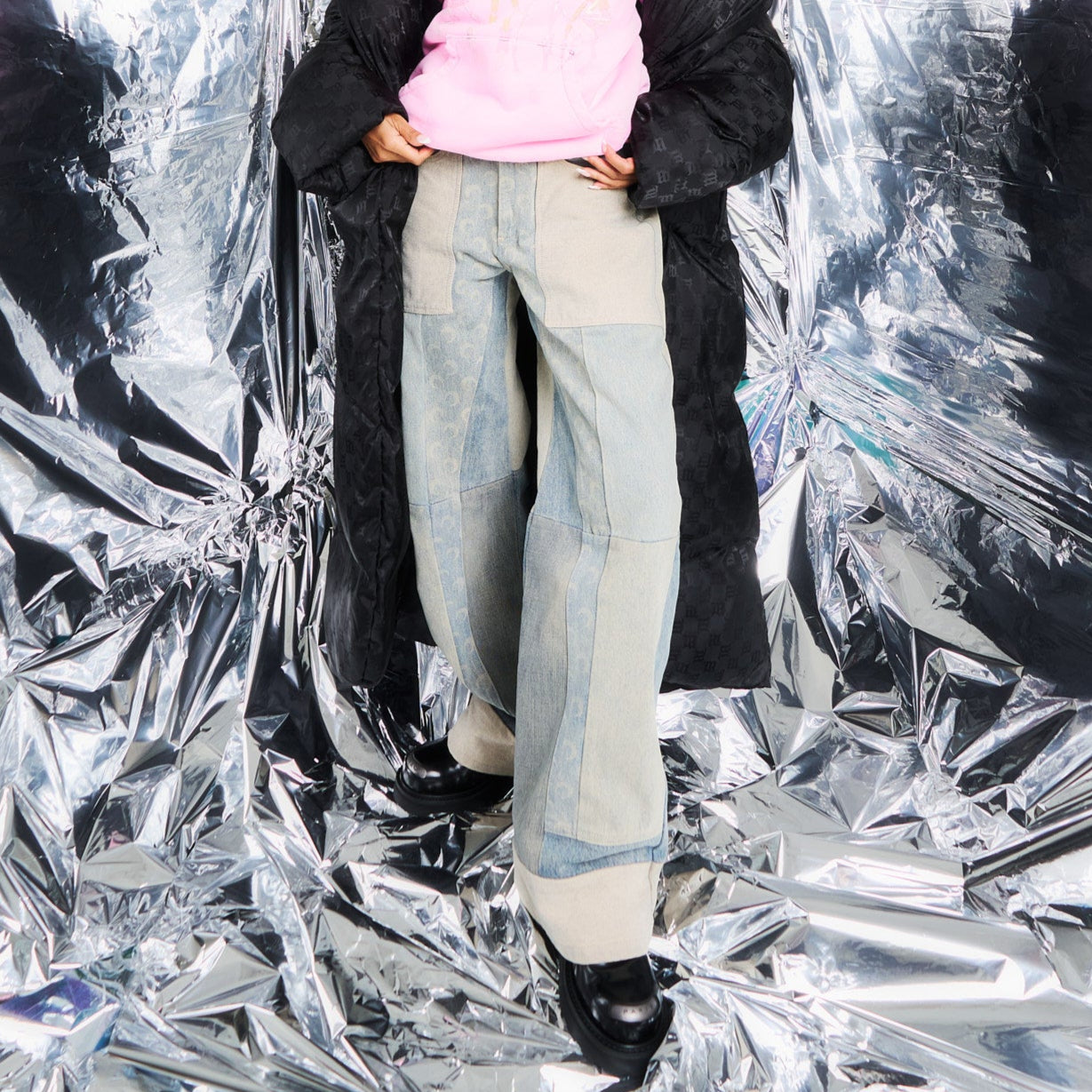 Marine Serre Regenerated Denim Wide Leg Pants Grey Detail view 2 | Gate
