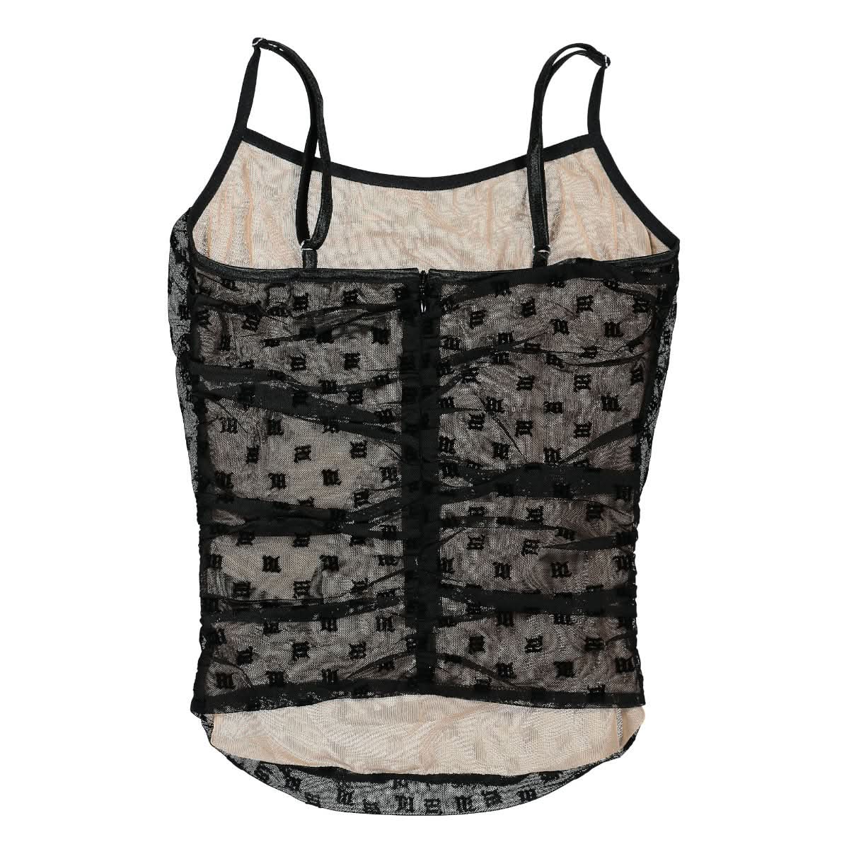 MISBHV Mesh Monogram Draped Top Black Detail view 1 | Gate