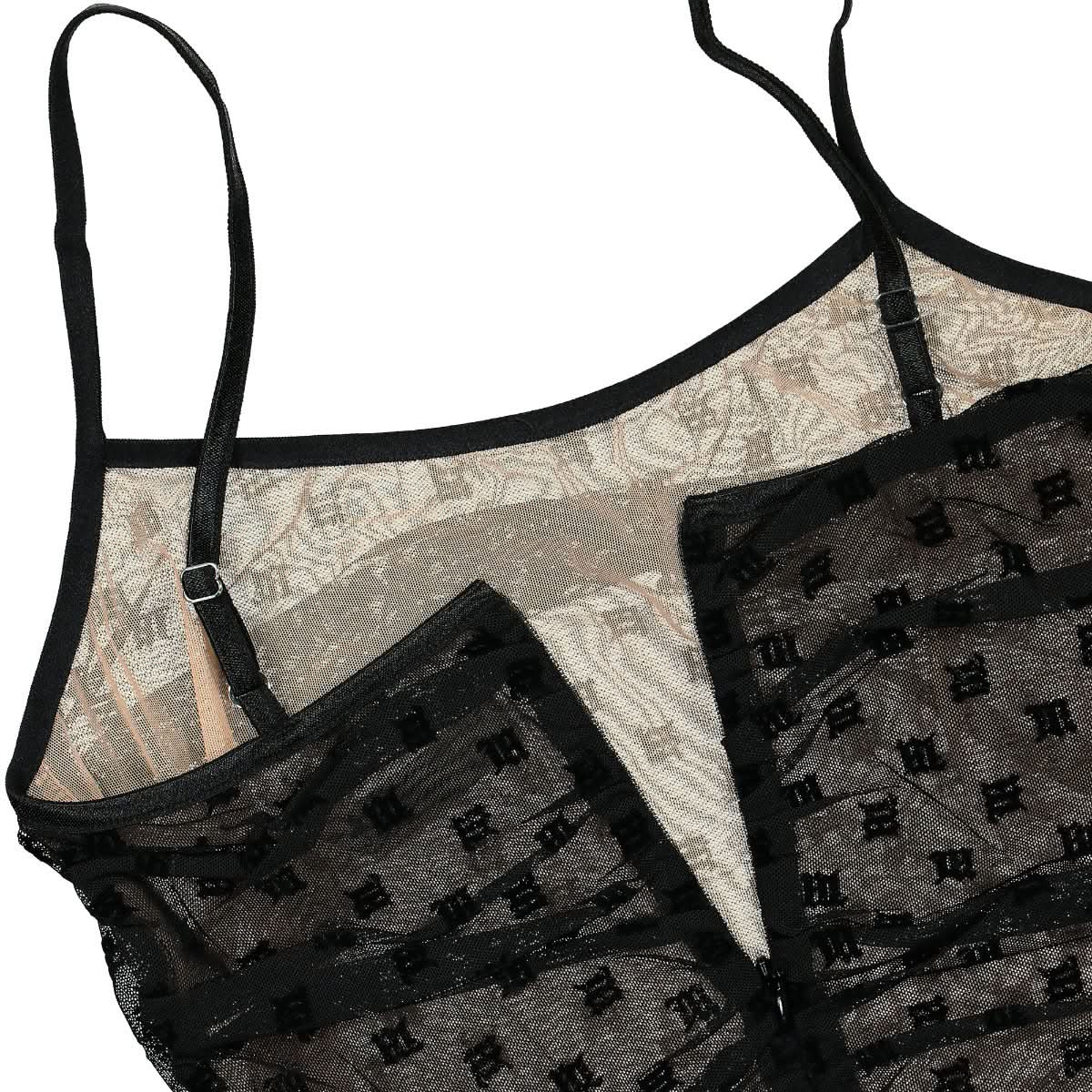 MISBHV Mesh Monogram Draped Top Black Detail view 3 | Gate