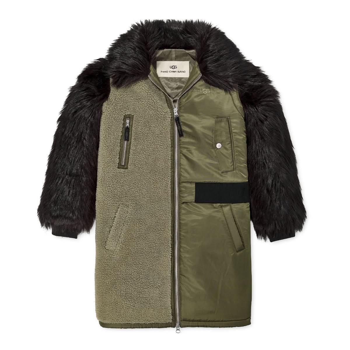 Feng Chen Wang x UGG Faux Fur Long Coat Black,Olive Detail view 1 | Gate