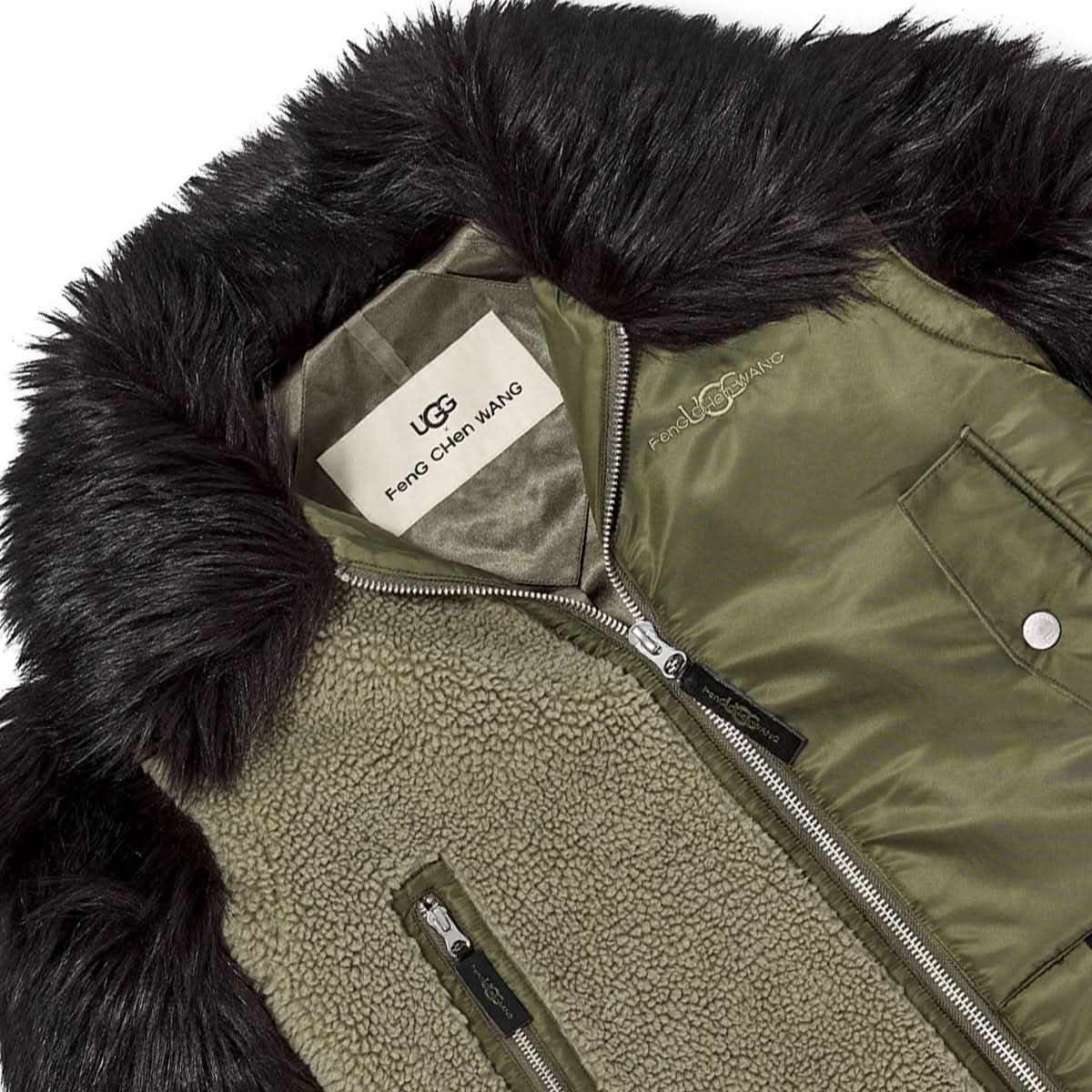 Feng Chen Wang x UGG Faux Fur Long Coat Black,Olive Detail view 3 | Gate