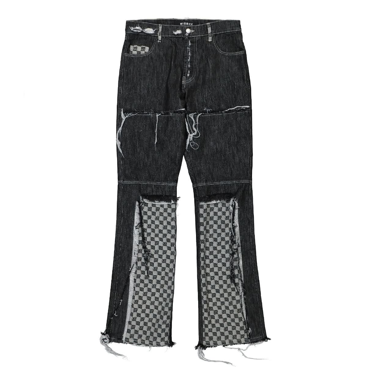 MISBHV Flared Patchwork Denim Trousers Black Detail view 1 | Gate