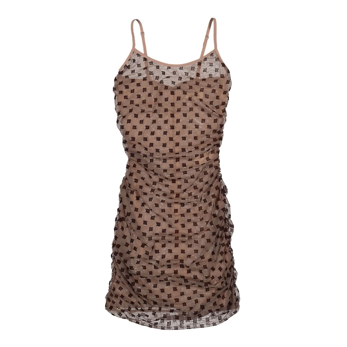 MISBHV Monogram Mesh Draped Mini Dress Brown Detail view 1 | Gate