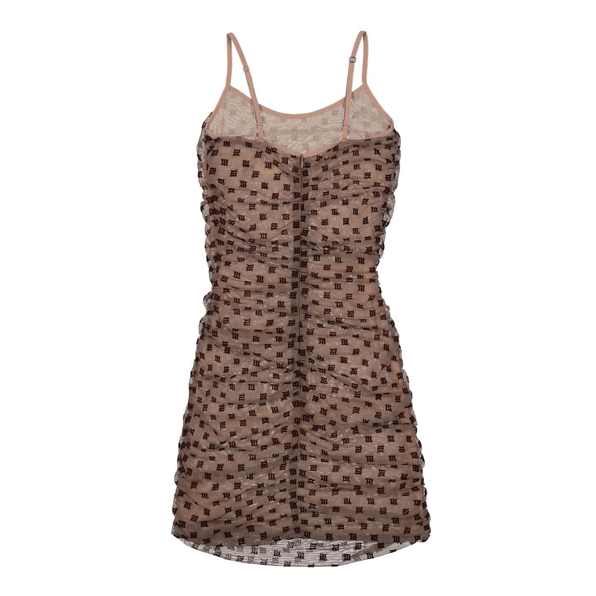 MISBHV Monogram Mesh Draped Mini Dress Brown Detail view 2 | Gate