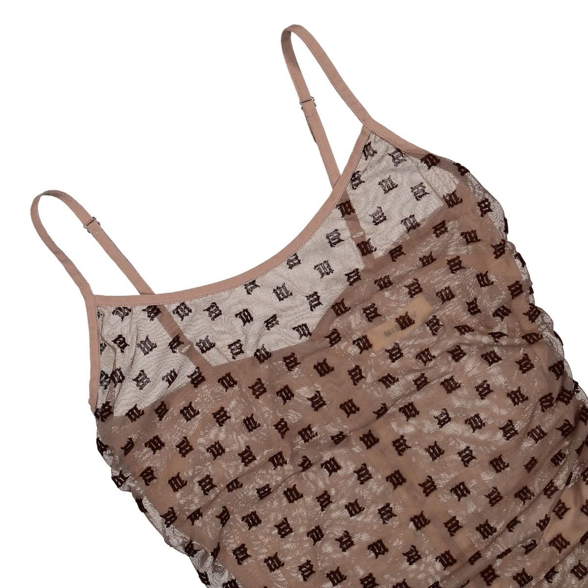 MISBHV Monogram Mesh Draped Mini Dress Brown Detail view 3 | Gate