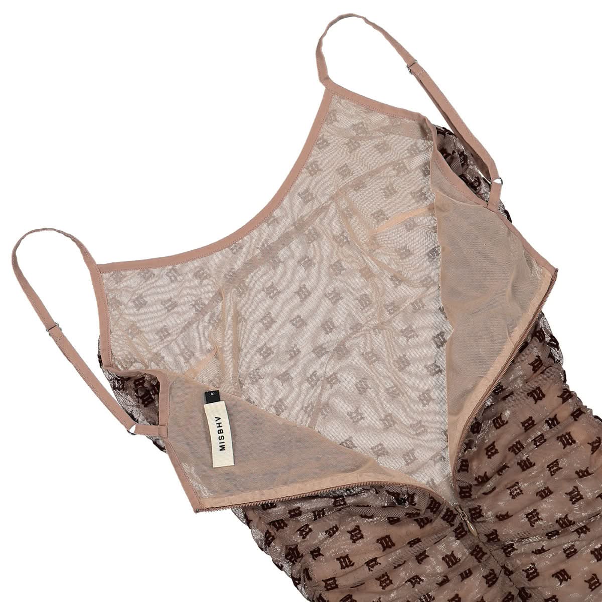 MISBHV Monogram Mesh Draped Mini Dress Brown Detail view 4 | Gate