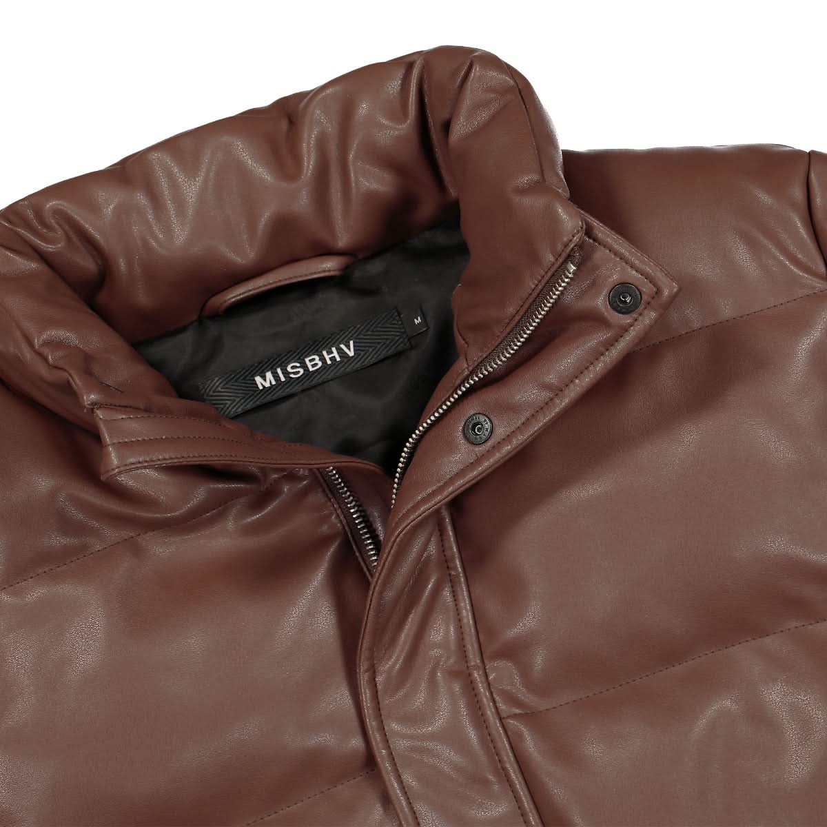 MISBHV Vegan Leather Campus Puffer Jacket Brown Detail view 3 | Gate