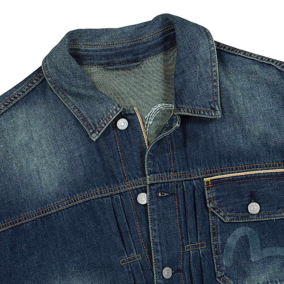 Evisu Woven Discharge and EMB Freehand Stitching Daicock DN Jacket Blue Detail view 3 | Gate