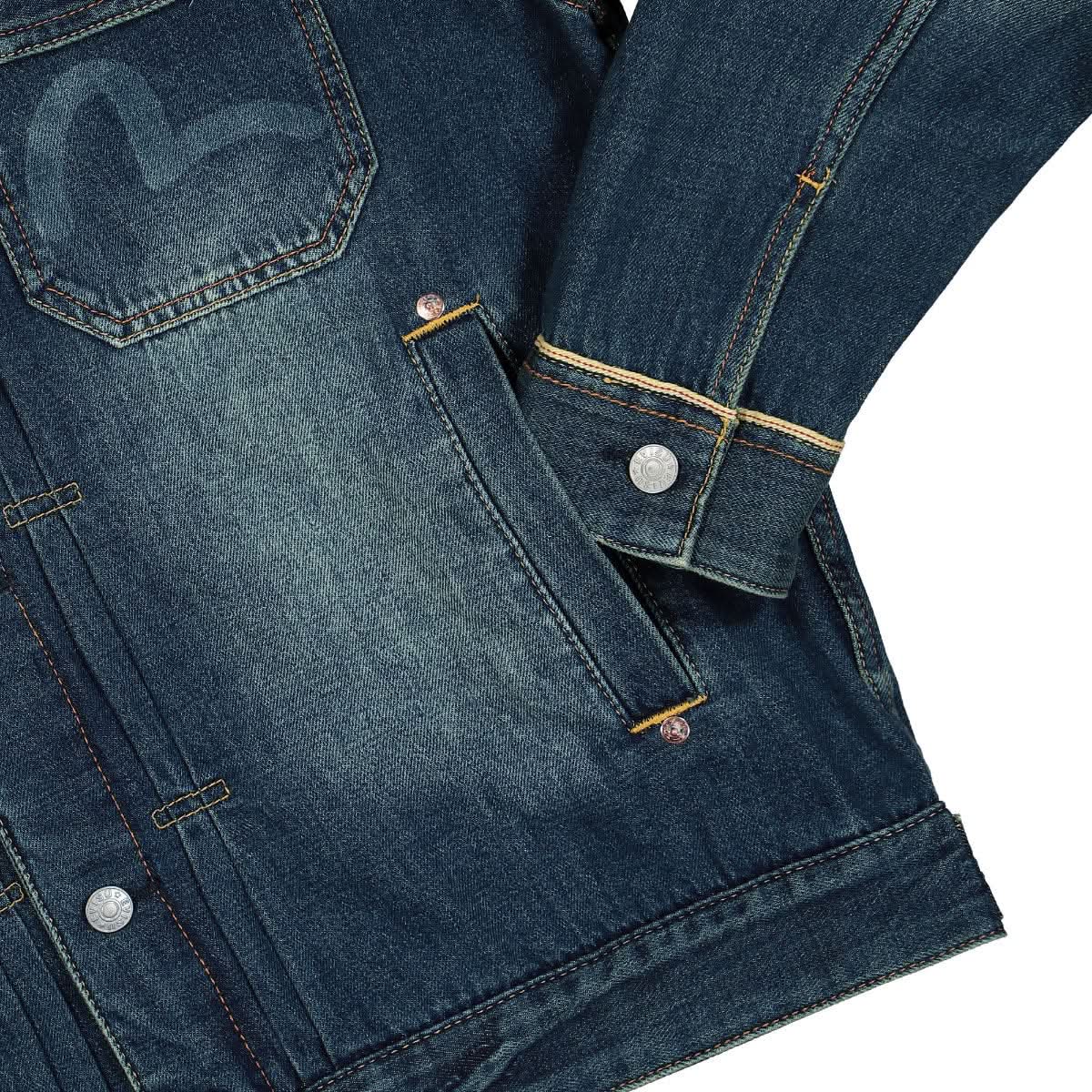 Evisu Woven Discharge and EMB Freehand Stitching Daicock DN Jacket Blue Detail view 4 | Gate