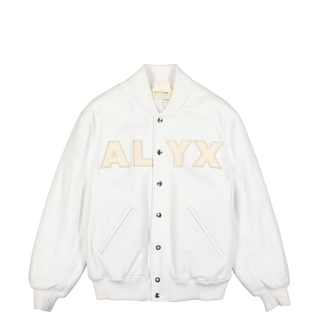 1017 Alyx 9SM Leather Logo Varsity Jacket White Detail view 1 | Gate