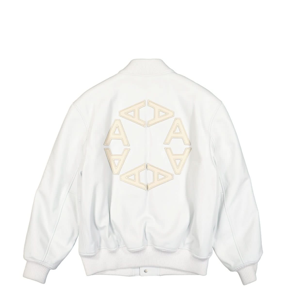1017 Alyx 9SM Leather Logo Varsity Jacket White Detail view 1 | Gate