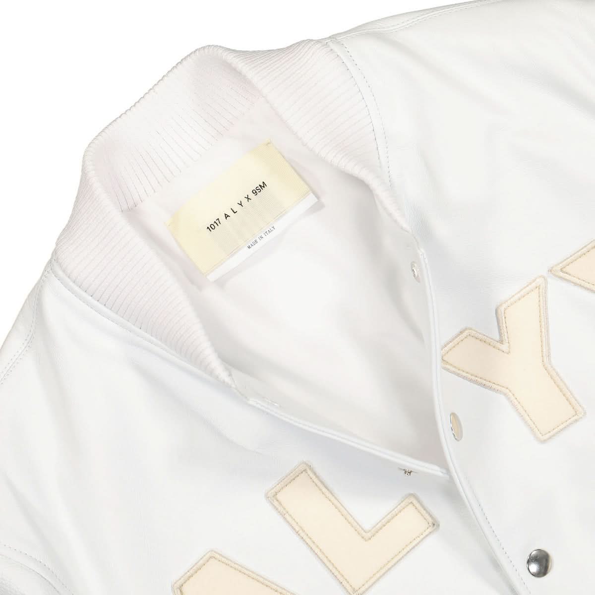 1017 Alyx 9SM Leather Logo Varsity Jacket White Detail view 3 | Gate