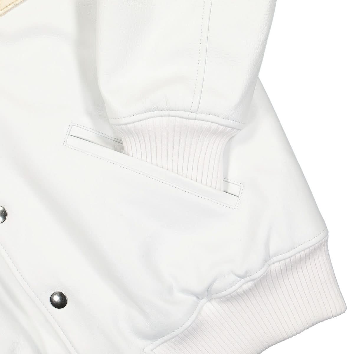 1017 Alyx 9SM Leather Logo Varsity Jacket White Detail view 4 | Gate