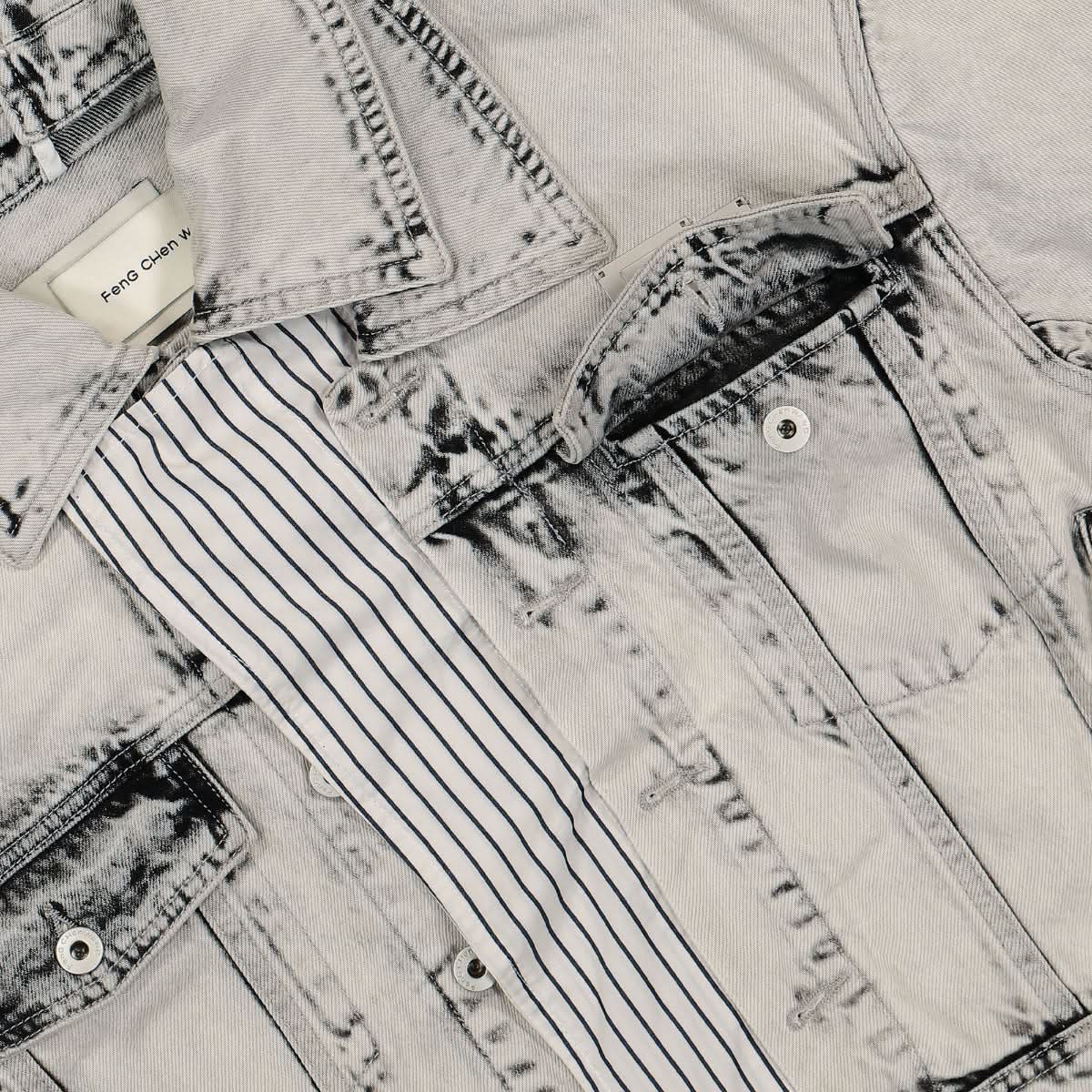 Feng Chen Wang Shirt Layered Denim Jacket Grey,White Detail view 4 | Gate