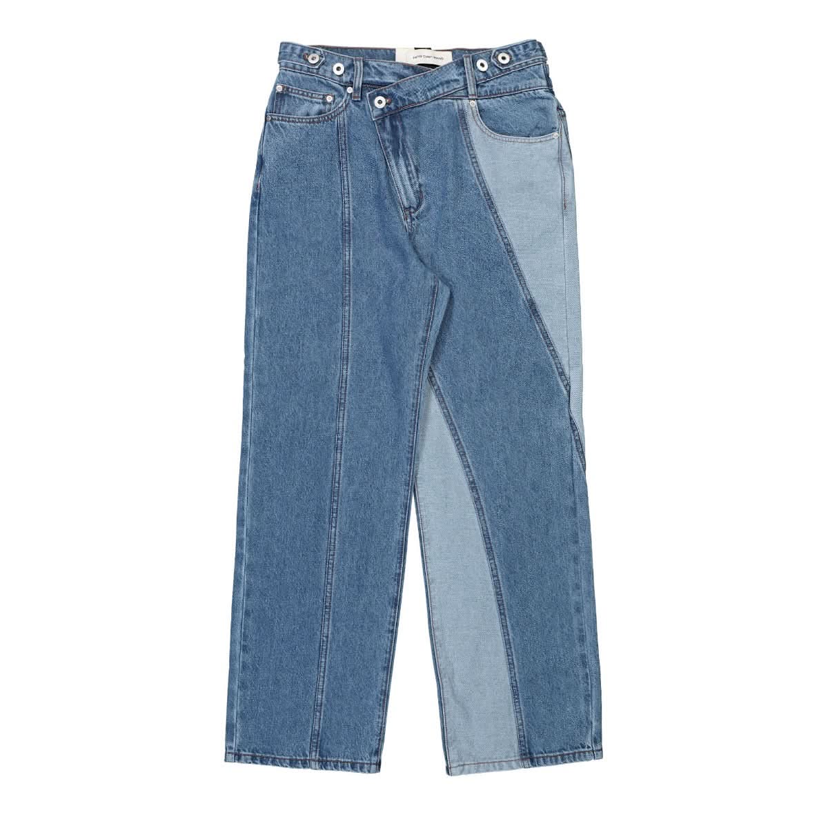 Feng Chen Wang Denim Trousers With Irregular Waistband Blue Detail view 1 | Gate