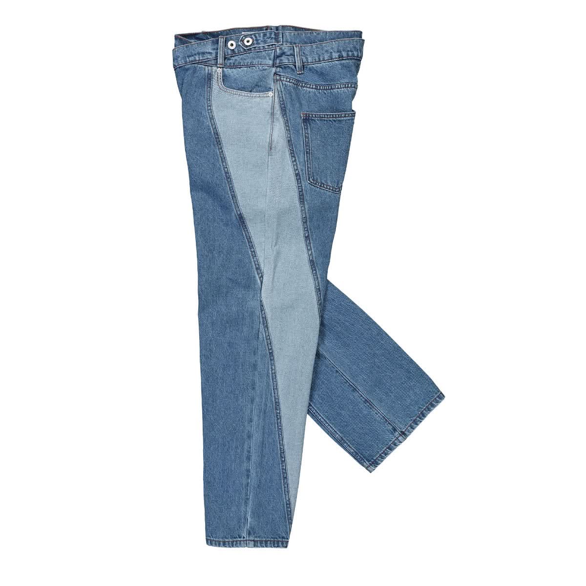 Feng Chen Wang Denim Trousers With Irregular Waistband Blue Detail view 3 | Gate