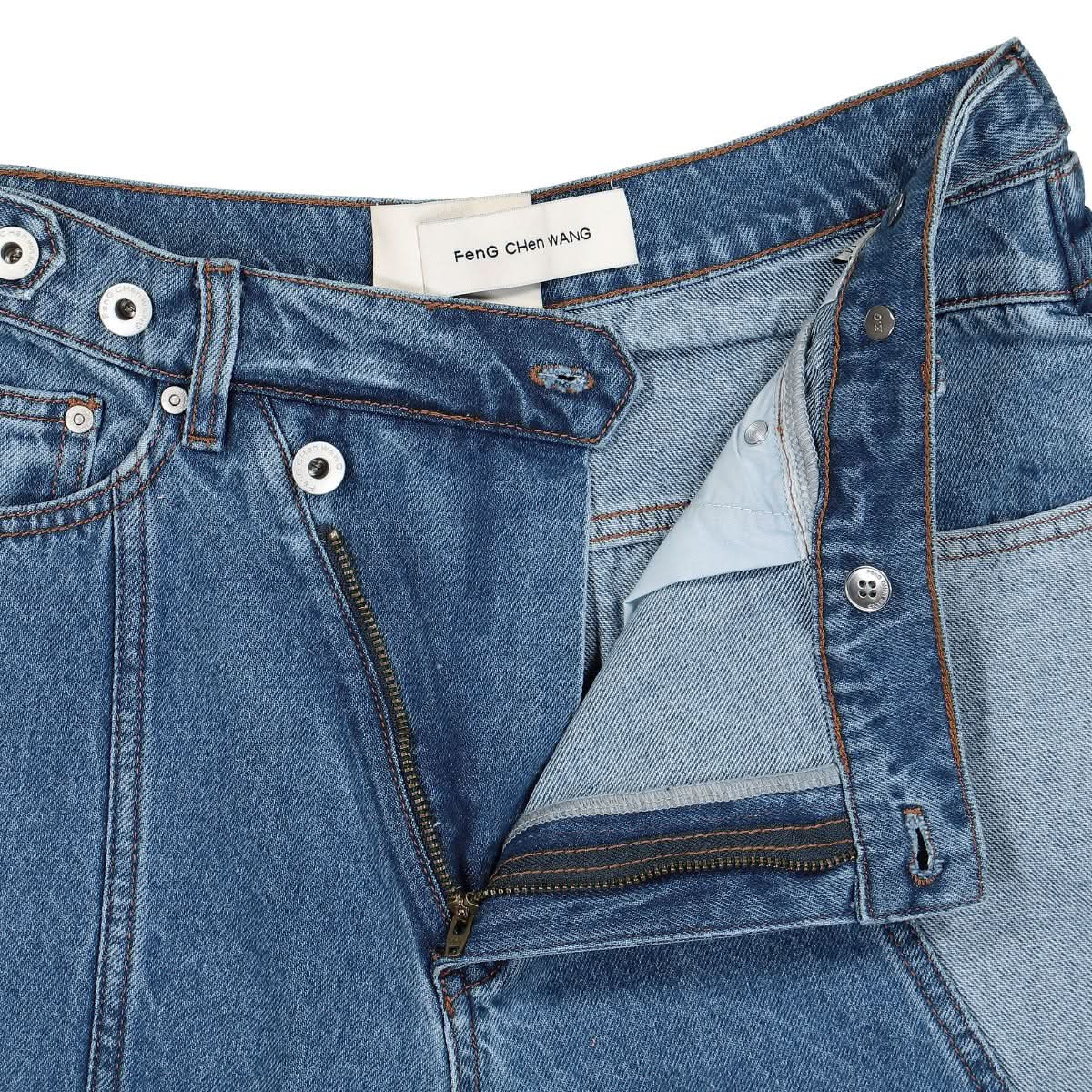 Feng Chen Wang Denim Trousers With Irregular Waistband Blue Detail view 4 | Gate