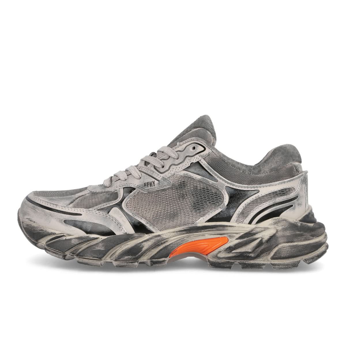 Heron Preston Block Stepper Worn Lea Grey Sneaker Detail view 1 | Gate